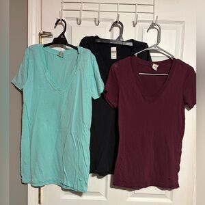 Three PINK Victoria's Secret V-Neck Tees - Black, Burgundy, Aqua